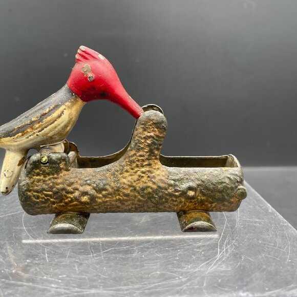 Cast Iron Woodpecker on a Log Toothpick Holder Grabber Vintage Metal Woodpecker - Picture 5 of 10